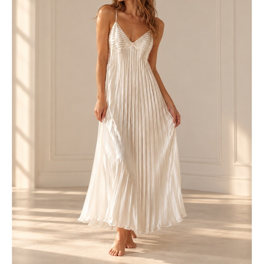Vintage Delicates White Satin Sunburst Pleated Maxi Dress Nightgown Large